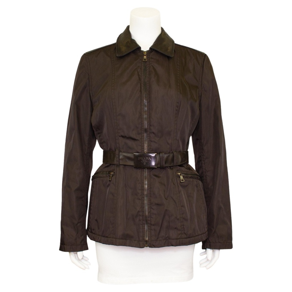 1990s Prada Brown Nylon and Leather Belted Jacket Brown